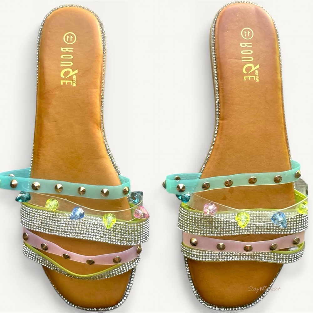 Pastel Rhinestone Studded Slide Sandals – Multicolor Jewel Straps